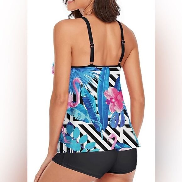 NWT Women’s Black Pink Flamingo Tankini Black Boy shorts Tummy Control - Size L - Picture 3 of 6